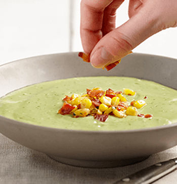 Cold Avocado Soup with Roasted Corn and Bacon